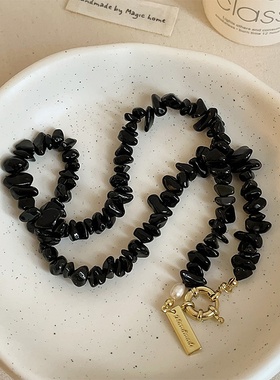 黑色天然石珍珠OT扣项链女设计感小众复古个性简约百搭颈链锁骨链