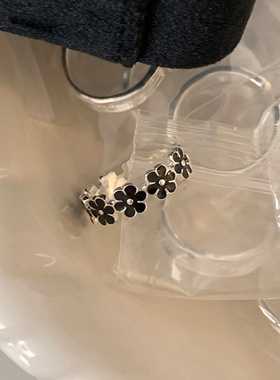 滴油黑色花朵开口戒指女小众独特个性精致时尚优雅百搭指环戒子