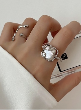 小众设计感不规则金属珍珠开口戒指女个性百搭气质时尚指环