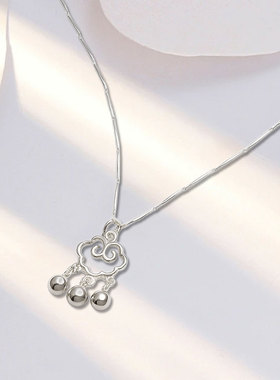 小众品设计吉祥富贵长命锁吊坠饰品新中式国风潮银白色瓜子链项链