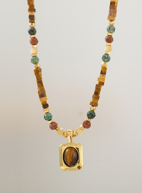 中古方糖虎眼石吊坠手工串珠非洲松项链美拉德原创复古毛衣链新款