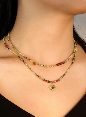 原创设计太阳吊坠捷克珠串珠项链小众复古蛋黄石手工颈链叠戴