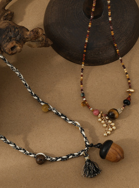 原创设计松果吊坠手工编织毛衣链小众复古天然石串珠项链秋冬