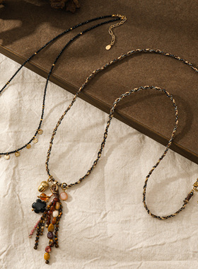 复古手工编织绳小众设计天然石流苏长款毛衣链花朵项链感女