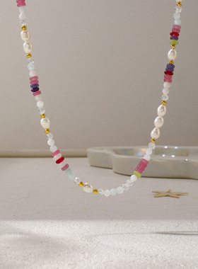 日韩小众新款潮清新多彩天然石项链天然珍珠百搭锁骨链不锈钢颈链