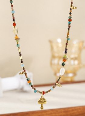 原创设计蘑菇吊坠天然石串珠项链小众感轻奢小众2025新款颈链