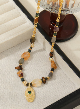 轻奢中古风回流欧美金属感复古项链小众设计师款天然石叠戴毛衣链