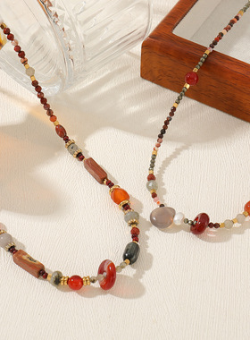 新款安可拉红玛瑙串珠项链天然捷克珠石秋冬配色高级感毛衣链