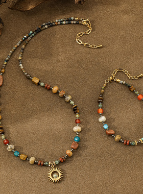 复古波西米亚风毛衣链彩色手工串珠项链女小众设计精致锁骨链配饰