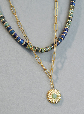 欧美跨境非洲松石手工串珠项链小众高级感花朵吊坠叠戴钛钢锁骨链