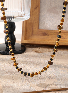 新款美拉德虎眼石串珠项链复古民族风虎眼石黑玛瑙手工串珠锁骨