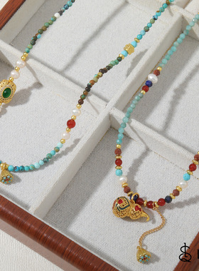 国潮天然石串珠项链原创新中式国风流苏设计复古绿松石毛衣链