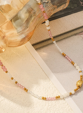 欧美跨境粉色天然石手工串珠项链小众轻奢感百搭锁骨链饰品