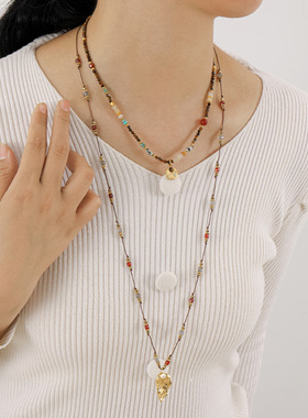 天然石串珠树叶吊坠虎眼石毛衣链方形贝壳钛钢不掉色长款轻奢项链