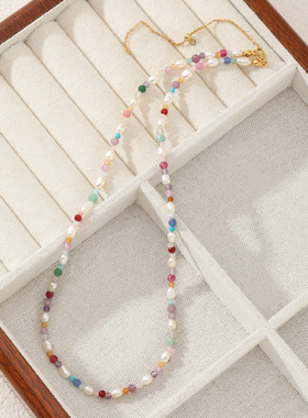 韩系新品ins风淡水珍珠百搭项链小清新甜美彩色石串珠锁骨