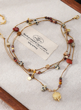 文艺复古不规则斑点石编织长款毛衣链原创设计小众个性图画石