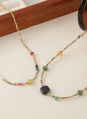 ins风天然石串珠项链不掉色毛衣链女复古配饰秋冬小众虎眼石饰品