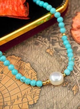 绿松石珍珠圆珠项链女锁骨链