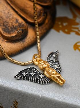 《守护天使》古希伯来重工雕刻图腾天使翅膀项链吊坠锁骨链毛衣链