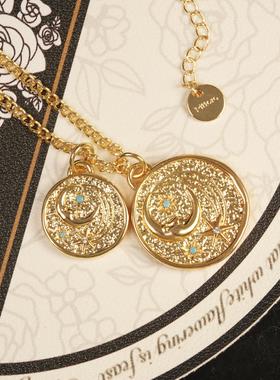 廷风小众星月金色圆形金币项链