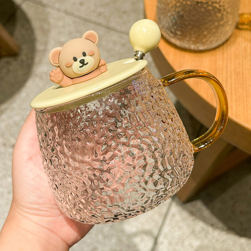 可爱小熊玻璃杯带盖勺女生高颜值喝水杯子大容量马克杯情侣咖啡杯 - 图2