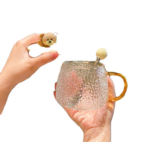 可爱小熊玻璃杯带盖勺女生高颜值喝水杯子大容量马克杯情侣咖啡杯 - 图3