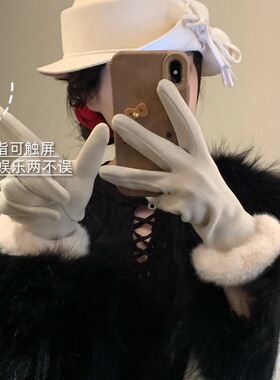 名媛千金风！轻奢德绒手套女冬季加绒保暖防寒可触屏气质手套骑行