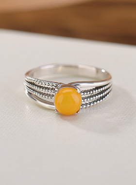 纯银开口戒指圆珠蜜蜡大牌轻奢