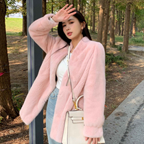 2023 IMPORTED VELVET PURPLE GOLD SHORT Mink Fur Leather Grass Female mink fur coat V collar Long-length jacket