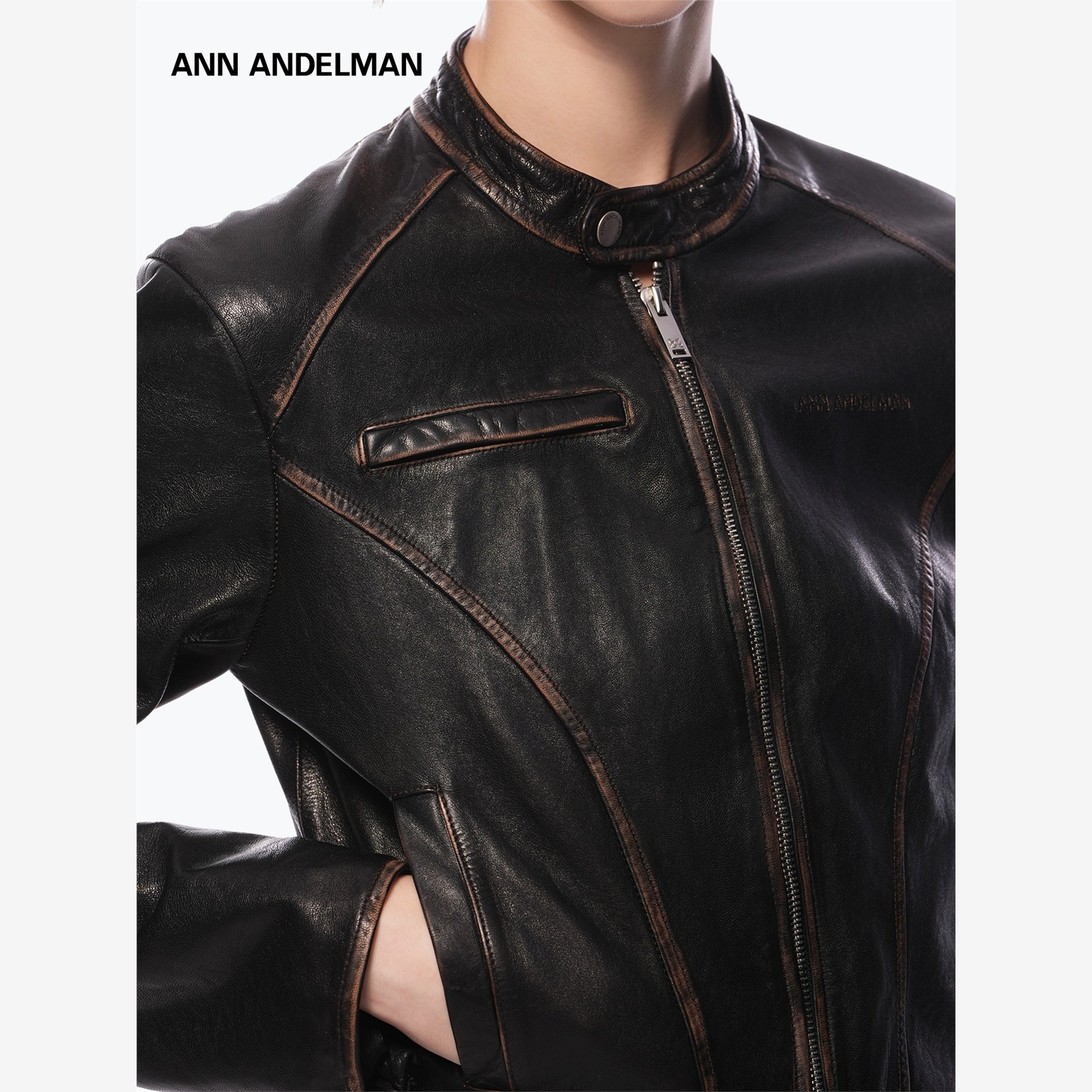 ANN ANDELMAN立领修身皮夹克秋冬短款机车明线装饰棕色皮衣女外套 - 图1