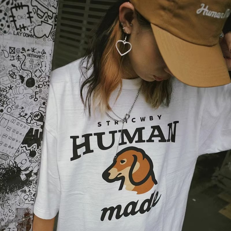 HUMAN MADE 24SS 日系新品小狗印花 复古情侣短袖宽松竹节棉T恤