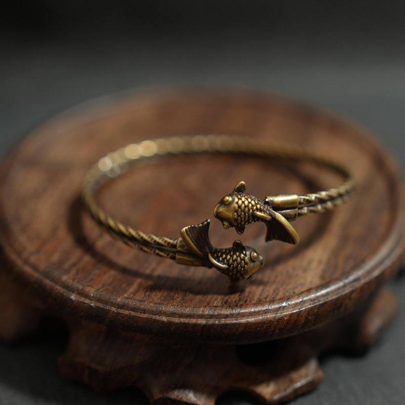 纯铜双鱼戏莲男女情侣款手镯开口鲤鱼铜手环可调节送女友 - 图3