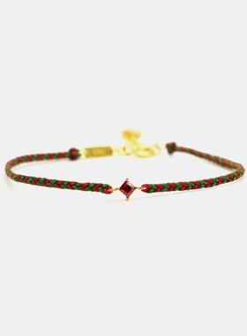 THISNESS 圣诞特辑 纯银镀金红色菱形锆石红绿绳编织幸运手链