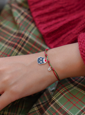 THISNESS 圣诞特辑 纯银圣诞帽蓝猫红绿编绳手链原创小众设计