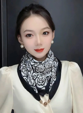 磁扣棉麻小方巾丝巾女春秋薄款百搭护颈领巾三角围巾冬季保暖围脖