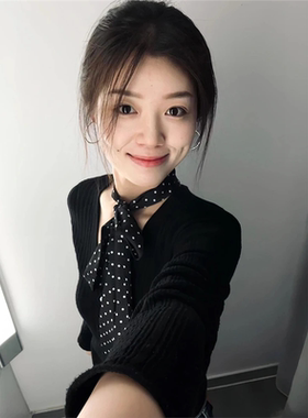 黑色波点丝巾轻奢高档小方巾女系脖发带秋季新款百搭时尚搭配衬衫