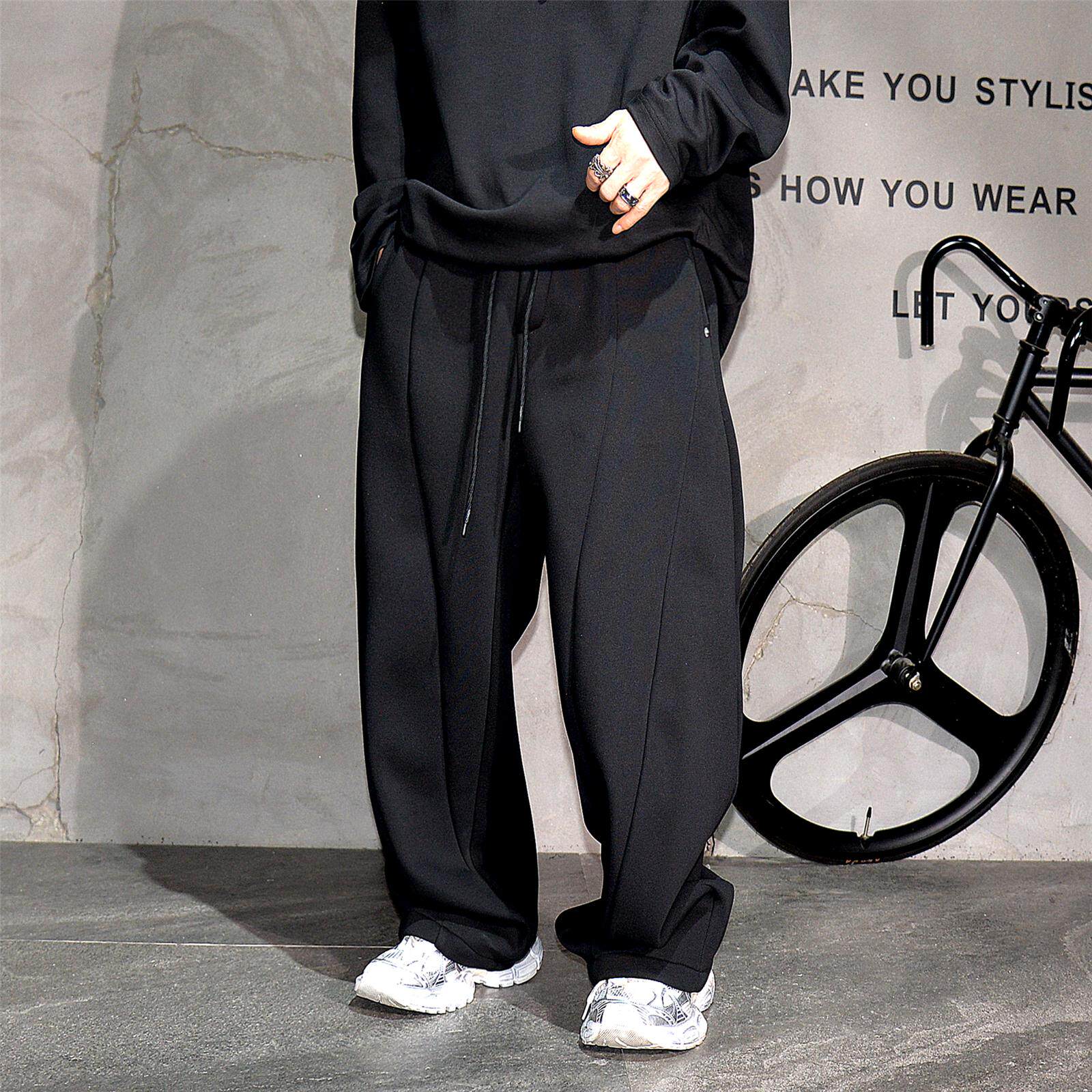 冬季加绒加厚宽松阔腿弯刀直筒卫裤男痞帅垂坠堆叠感针织运动长裤,淘宝优惠券,粉丝福利购,淘宝优惠卷