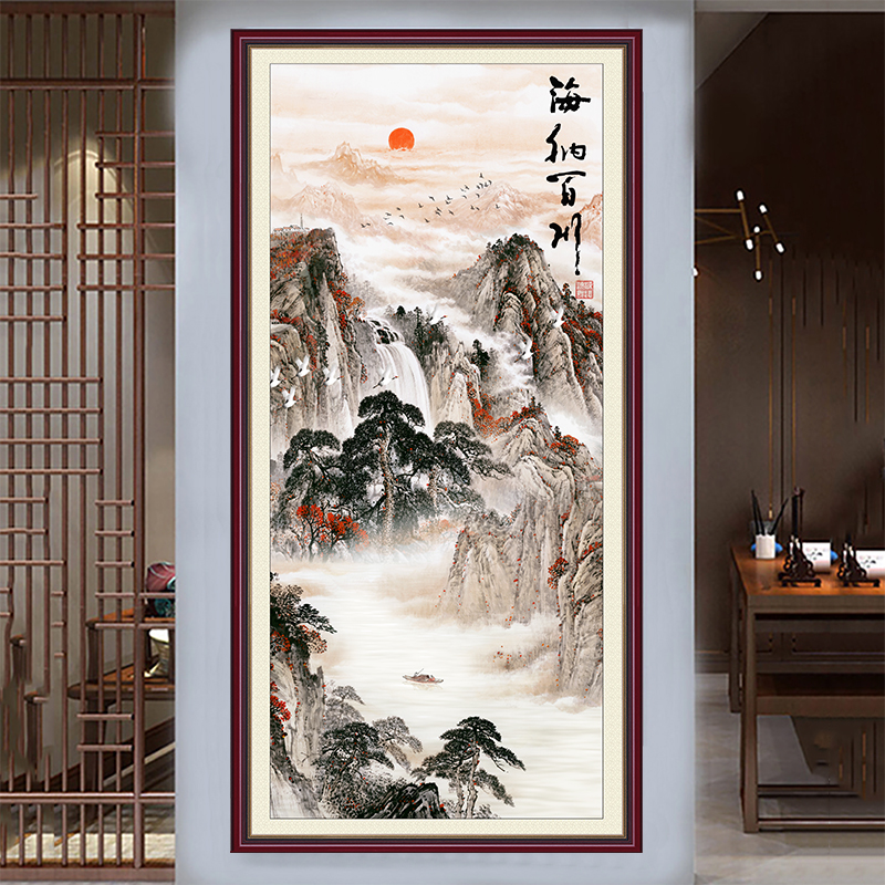 海纳百川壁画自粘油画布天道酬勤贴纸中式山水风景入户玄关装饰画