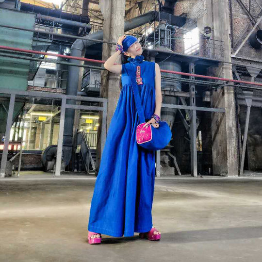 杨丽萍官方原创设计雀云裳民族风绣花圆领A字长袖连衣裙春夏秋