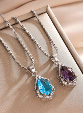 龙瑞韩时尚银项链水滴形吊坠紫水晶吊坠项链锁骨链银配饰批发货源