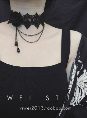 哥特风温婉复古黑蕾丝流苏锁骨链
