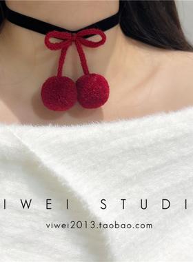 「丝绒版」圣诞甜美可爱新年红蝴蝶结毛球约会出片锁骨链项圈女