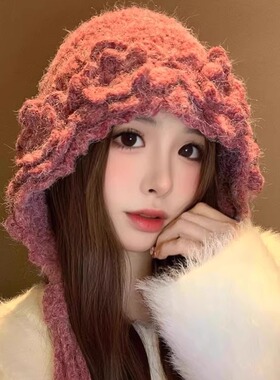 立体花朵手工针织帽女秋冬季韩系