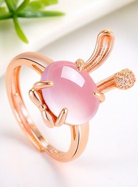 女童可爱兔子造型粉色宝石儿童戒指女铜镀金镶钻开口调节时尚饰品