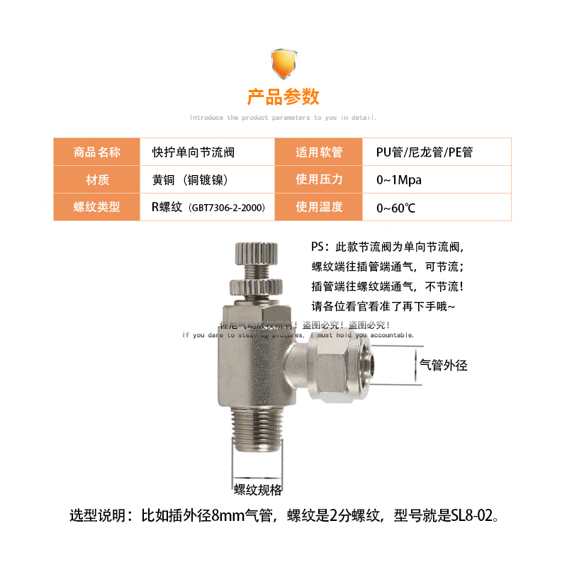 铜气管快拧接头调速单向限流气缸金属气动快拧节流阀SL6-01/8-02