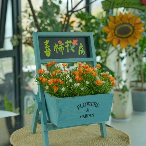 清新咖啡店花器自然橱窗布置街边阳台黑板摆件实木装饰桌面展示 - 图0