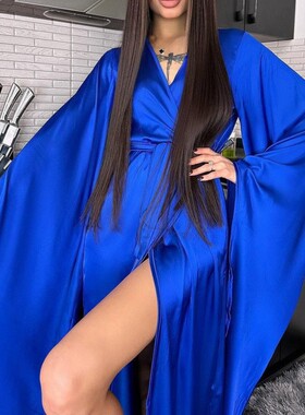 Women's tied long nightgown with slit女绑带长款睡袍开叉长袍