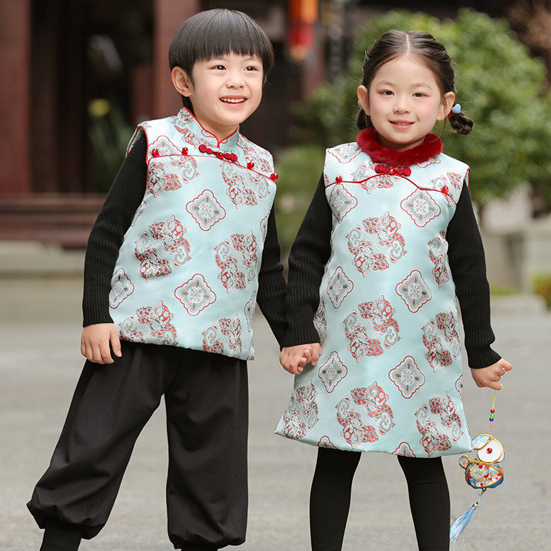 马年儿童旗袍冬中国风棉衣女童拜年服兄妹装男童唐装背心裙新中式,淘宝优惠券,粉丝福利购,淘宝优惠卷
