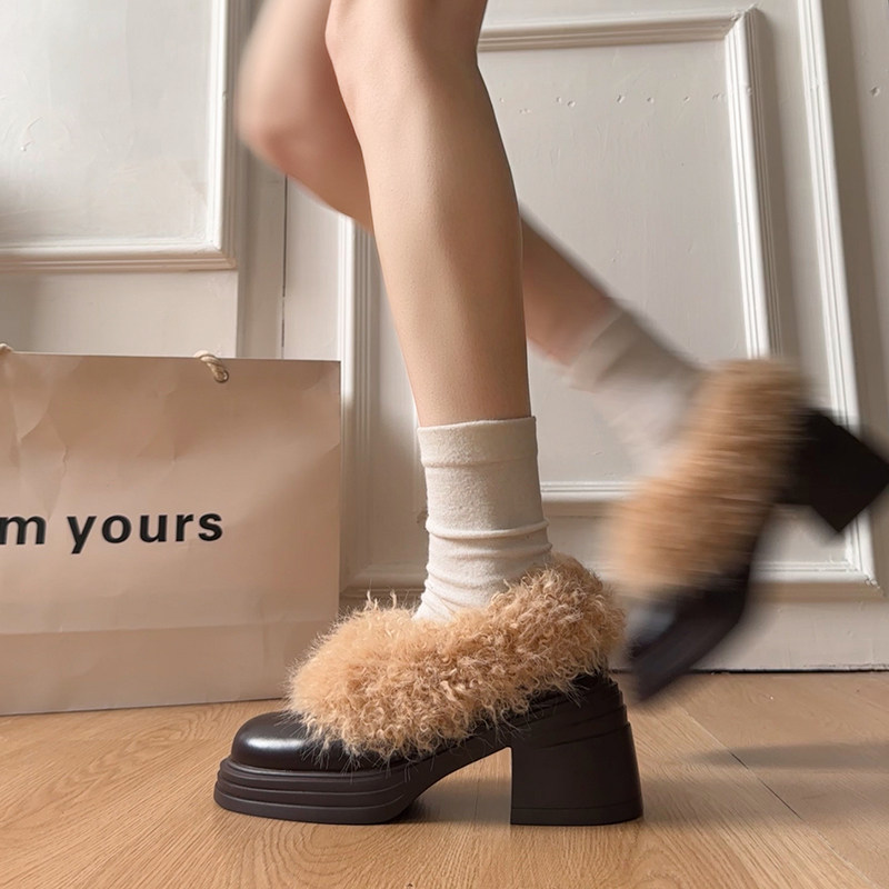 黑色粗跟小皮鞋女2025新款冬季加绒保暖毛毛鞋玛丽珍一脚蹬高跟鞋,淘宝优惠券,粉丝福利购,淘宝优惠卷