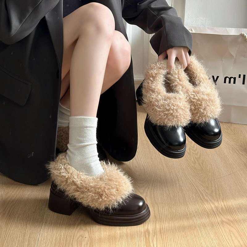 黑色粗跟小皮鞋女2025新款冬季加绒保暖毛毛鞋玛丽珍一脚蹬高跟鞋,淘宝优惠券,粉丝福利购,淘宝优惠卷